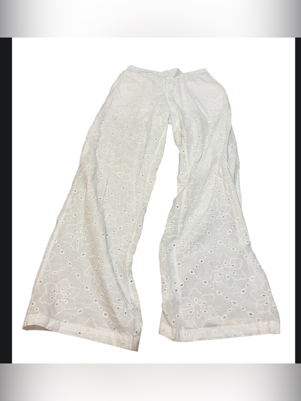 Fleur de Pirate White Eyelet Cotton Wide Leg Pants Morocco Boho Resort 28 Waist
